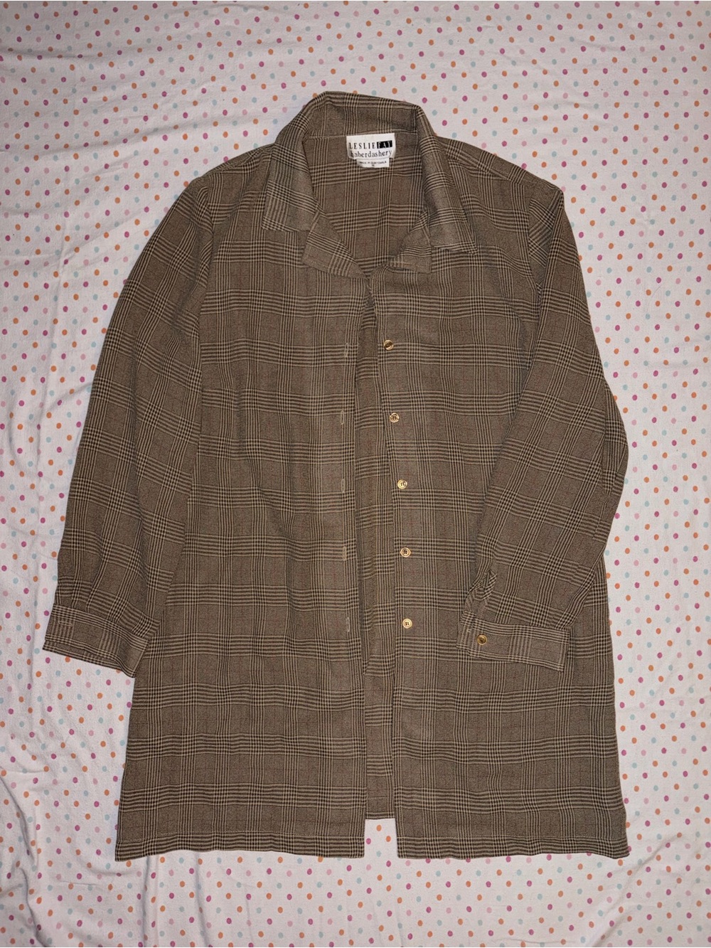 Vintage Leslie Fay Haberdashery Women’s 14 Brown Plaid Long Button Down Shirt